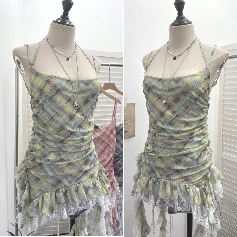 Plaid Asymmetrical Lace Panel Camisole