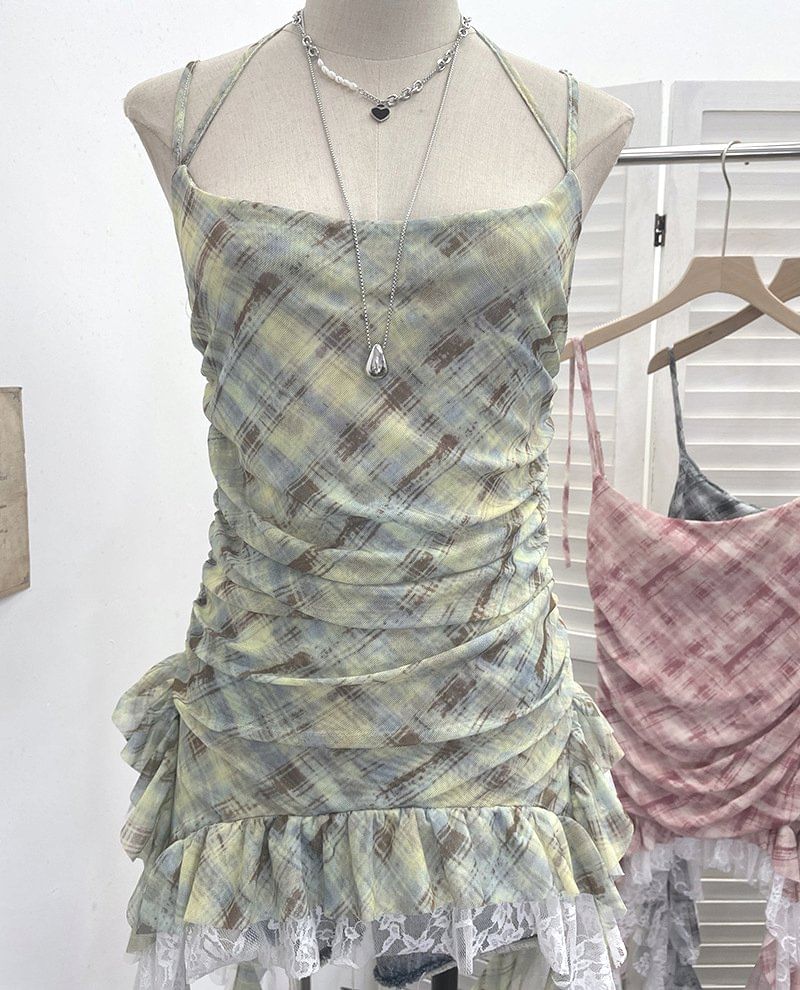 Plaid Asymmetrical Lace Panel Camisole