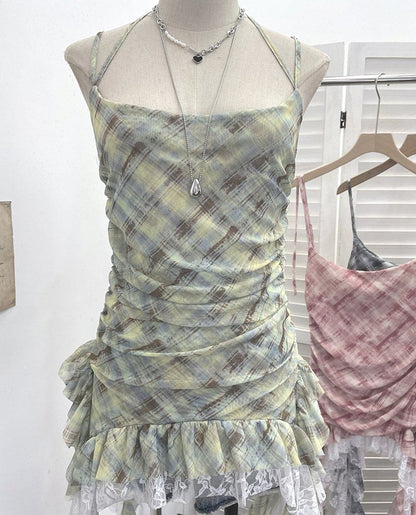 Plaid Asymmetrical Lace Panel Camisole