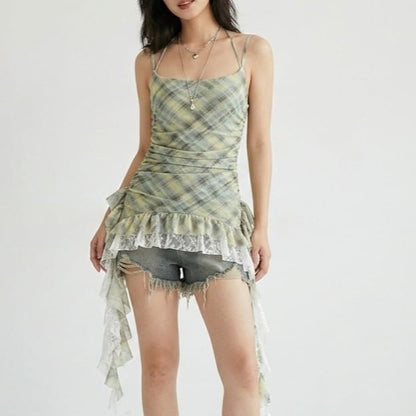 Plaid Asymmetrical Lace Panel Camisole