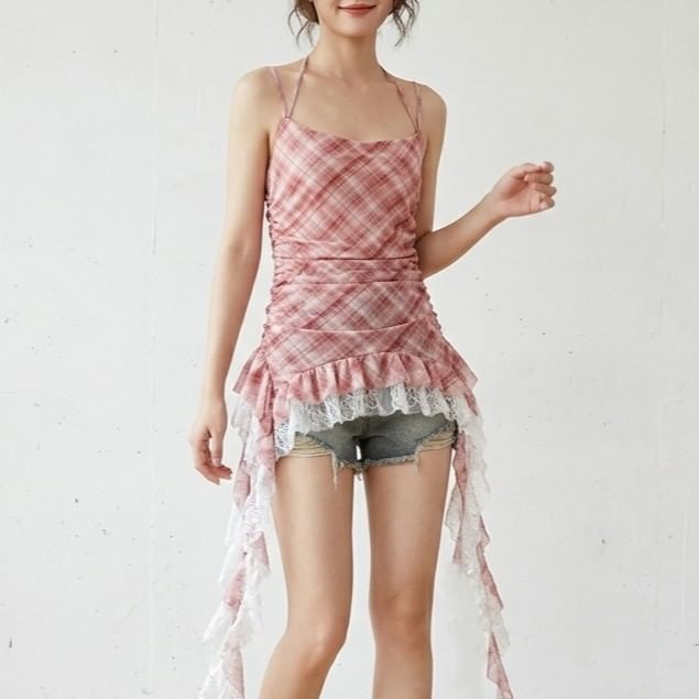 Plaid Asymmetrical Lace Panel Camisole