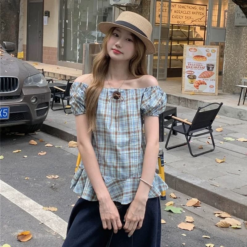 Short Sleeve Round Neck Plaid Bow Ruffle Blouse