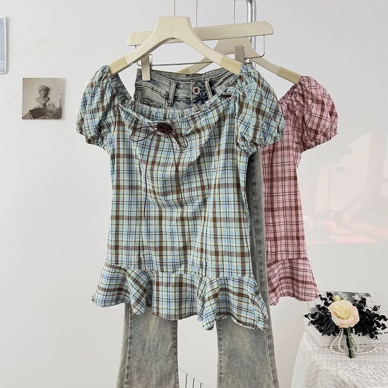 Short Sleeve Round Neck Plaid Bow Ruffle Blouse