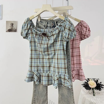 Short Sleeve Round Neck Plaid Bow Ruffle Blouse