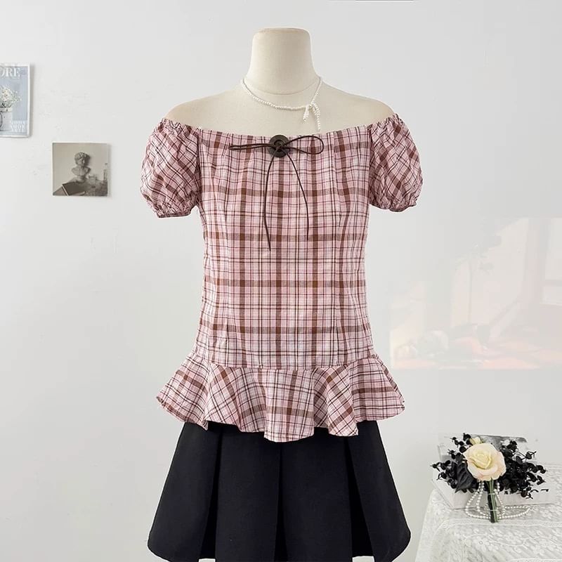 Short Sleeve Round Neck Plaid Bow Ruffle Blouse