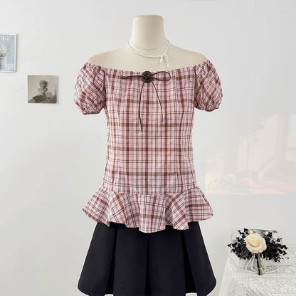 Short Sleeve Round Neck Plaid Bow Ruffle Blouse