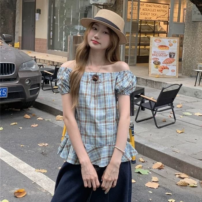 Short Sleeve Round Neck Plaid Bow Ruffle Blouse