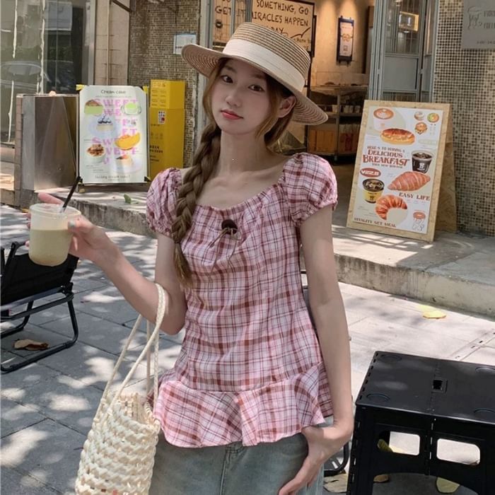 Short Sleeve Round Neck Plaid Bow Ruffle Blouse