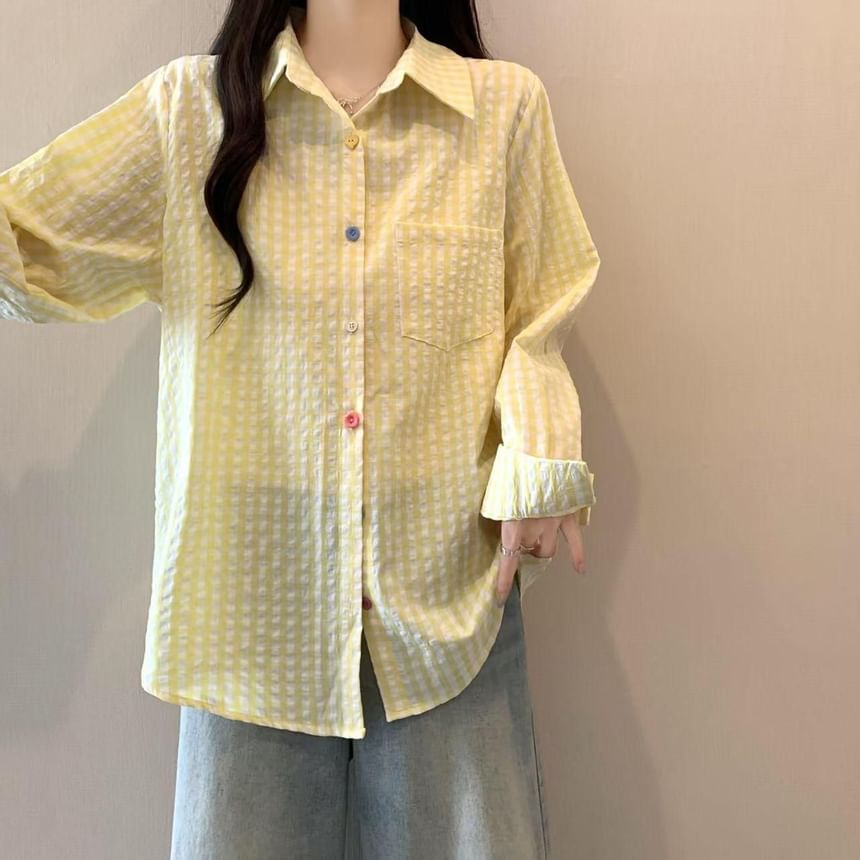 Long Sleeve Collared Checkered Shirt