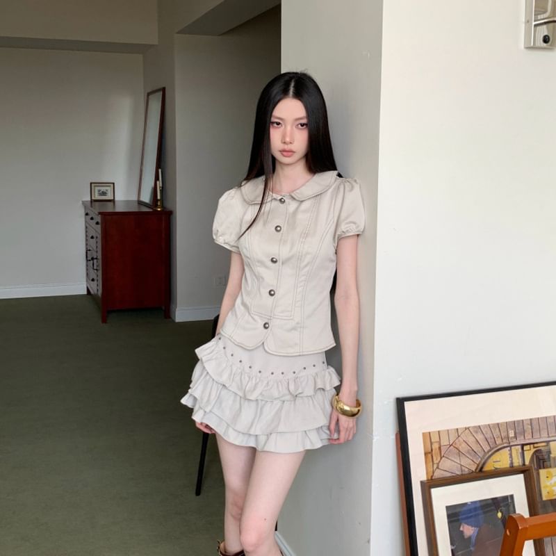 Peter Pan Collar Crop Top & Tiered Mini Skirt Set