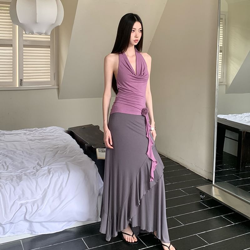 Sleeveless Draped Top & Mid Waist Asymmetrical Maxi A-Line Skirt