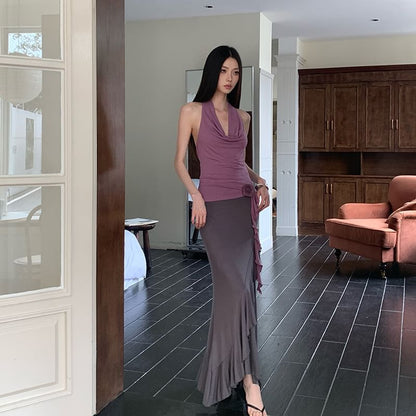 Sleeveless Draped Top & Mid Waist Asymmetrical Maxi A-Line Skirt