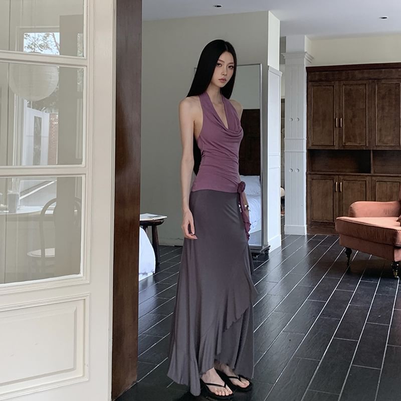 Sleeveless Draped Top & Mid Waist Asymmetrical Maxi A-Line Skirt