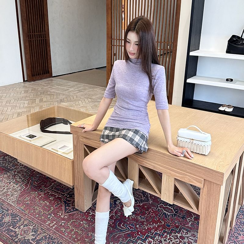 Mock Neck Knit Top & Plaid Mini Skort Set