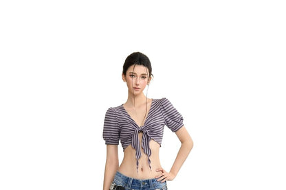 V-Neck Striped Cropped Tee with Short Sleeves