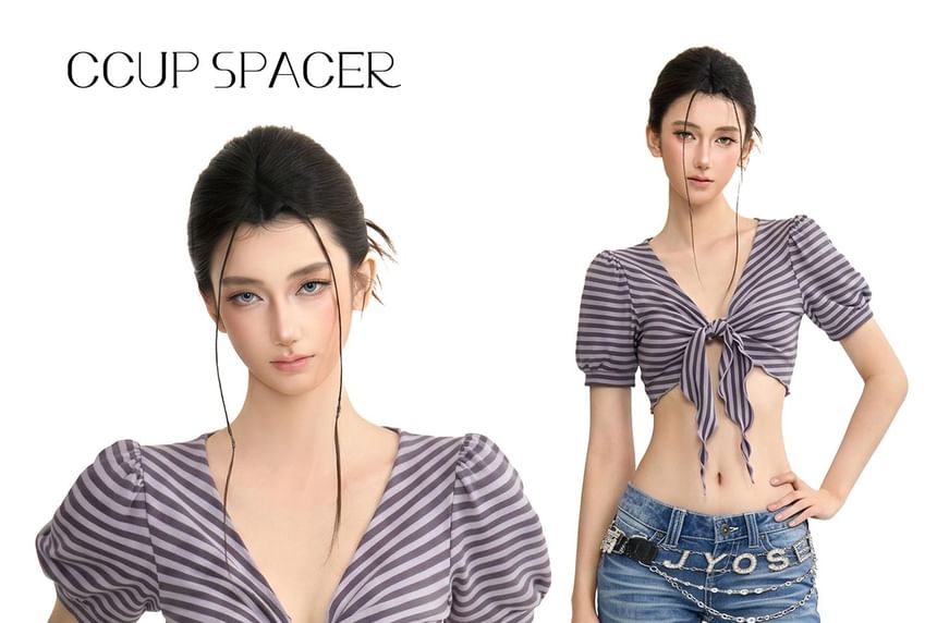V-Neck Striped Cropped Tee with Short Sleeves