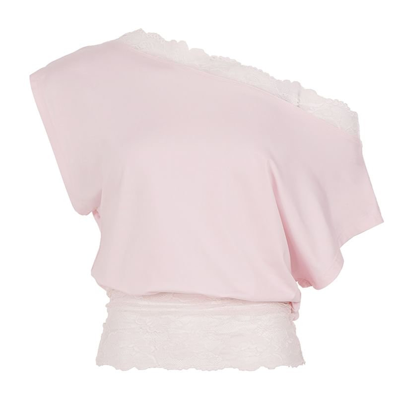 Short Sleeve Cold Shoulder Lace-Trim Plain Slim-Fit Crop Top