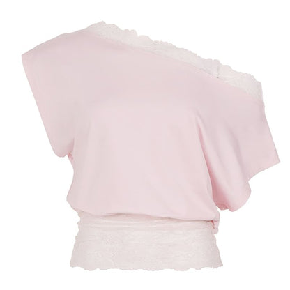 Short Sleeve Cold Shoulder Lace-Trim Plain Slim-Fit Crop Top