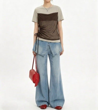 Short-Sleeve Crew Neck Drawstring Mesh Panel Mock Two-Piece T-Shirt