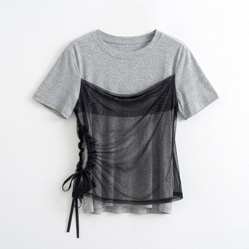 Short-Sleeve Crew Neck Drawstring Mesh Panel Mock Two-Piece T-Shirt