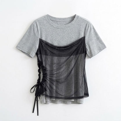 Short-Sleeve Crew Neck Drawstring Mesh Panel Mock Two-Piece T-Shirt