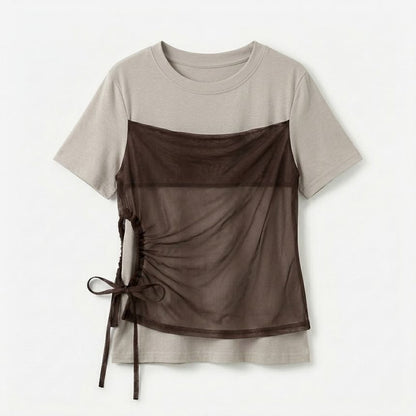 Short-Sleeve Crew Neck Drawstring Mesh Panel Mock Two-Piece T-Shirt