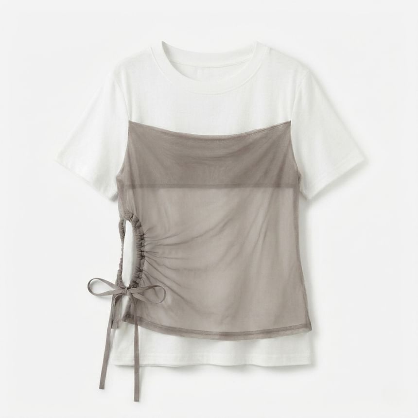 Short-Sleeve Crew Neck Drawstring Mesh Panel Mock Two-Piece T-Shirt