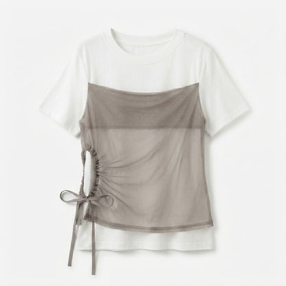 Short-Sleeve Crew Neck Drawstring Mesh Panel Mock Two-Piece T-Shirt