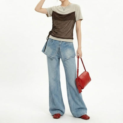 Short-Sleeve Crew Neck Drawstring Mesh Panel Mock Two-Piece T-Shirt