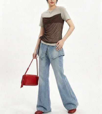 Short-Sleeve Crew Neck Drawstring Mesh Panel Mock Two-Piece T-Shirt