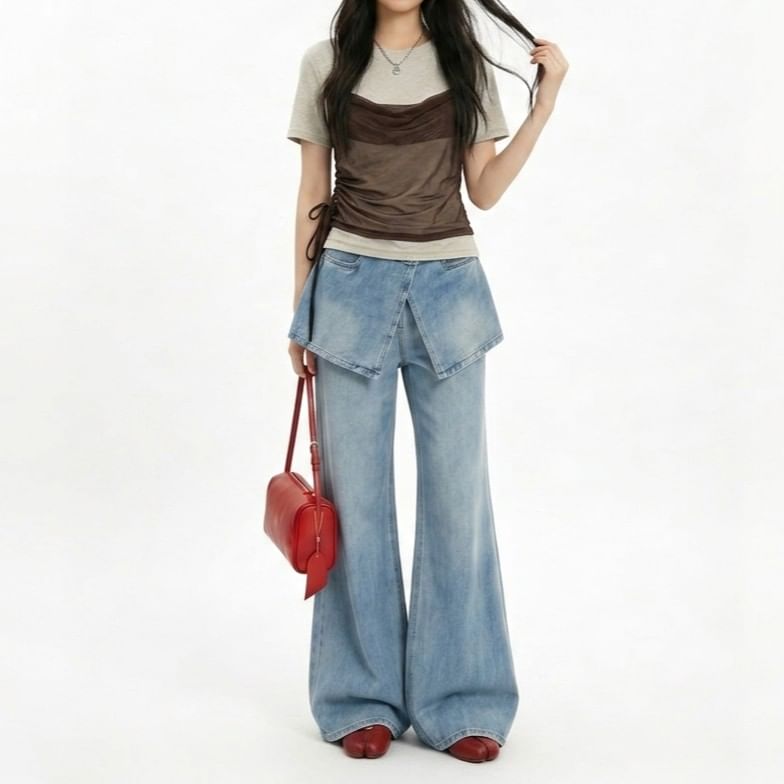 Short-Sleeve Crew Neck Drawstring Mesh Panel Mock Two-Piece T-Shirt