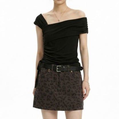 Short-Sleeve Asymmetrical Neck Drawstring T-Shirt