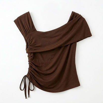 Short-Sleeve Asymmetrical Neck Drawstring T-Shirt