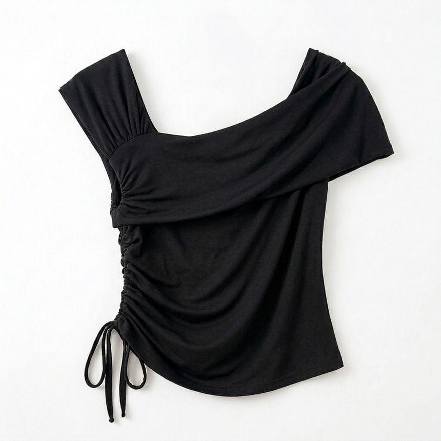 Short-Sleeve Asymmetrical Neck Drawstring T-Shirt