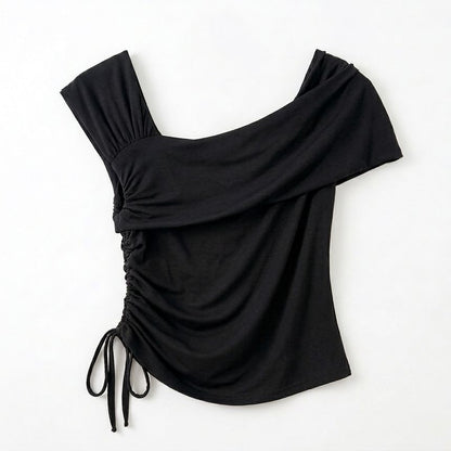 Short-Sleeve Asymmetrical Neck Drawstring T-Shirt