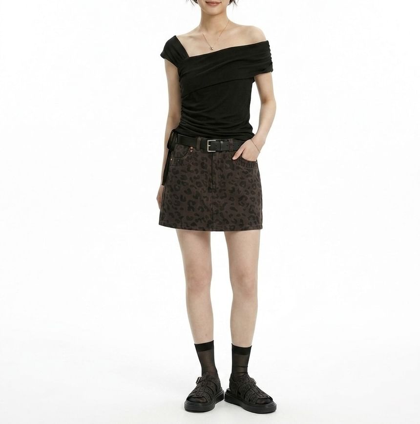 Short-Sleeve Asymmetrical Neck Drawstring T-Shirt