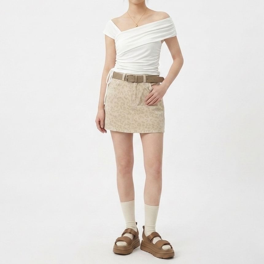 Short-Sleeve Asymmetrical Neck Drawstring T-Shirt