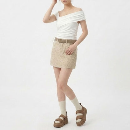 Short-Sleeve Asymmetrical Neck Drawstring T-Shirt