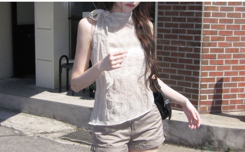 Sleeveless Mock Neck Plaid Asymmetrical Tie-Up Top