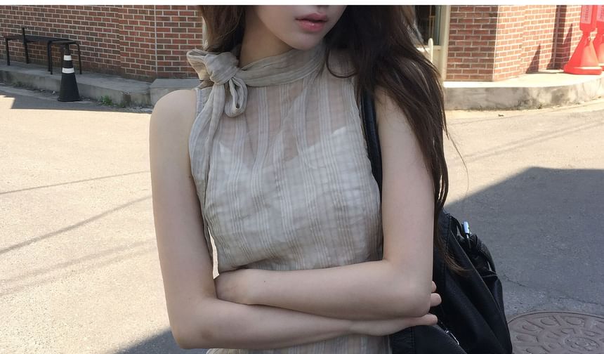 Sleeveless Mock Neck Plaid Asymmetrical Tie-Up Top