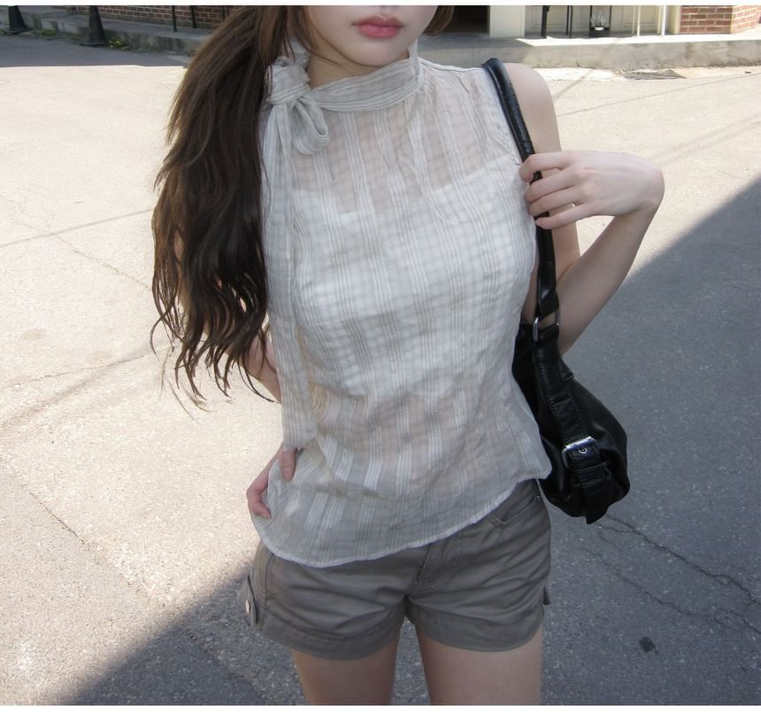 Sleeveless Mock Neck Plaid Asymmetrical Tie-Up Top