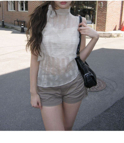 Sleeveless Mock Neck Plaid Asymmetrical Tie-Up Top