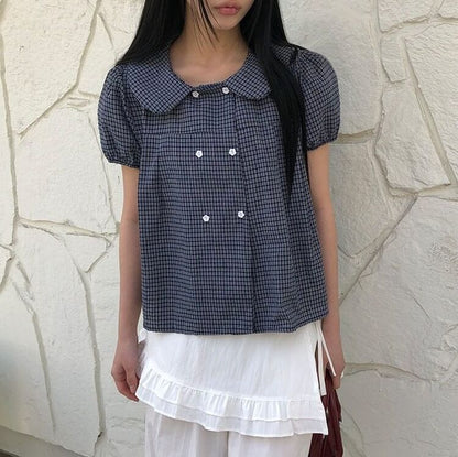 Short Sleeve Collared Plaid Double Breasted Blouse