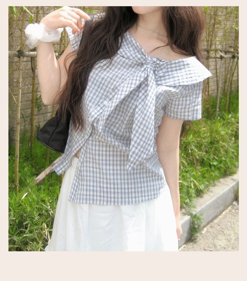 Short Sleeve Collared Plaid Asymmetrical Blouse