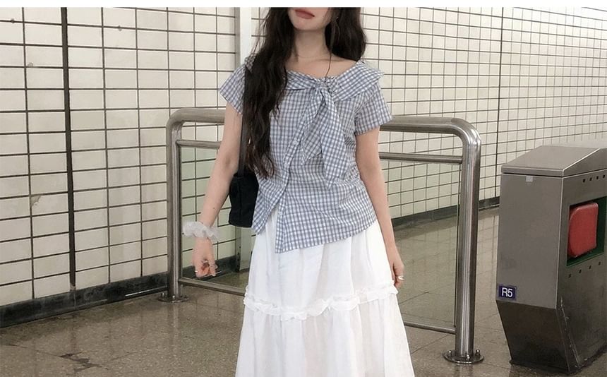 Short Sleeve Collared Plaid Asymmetrical Blouse