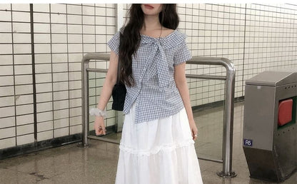 Short Sleeve Collared Plaid Asymmetrical Blouse