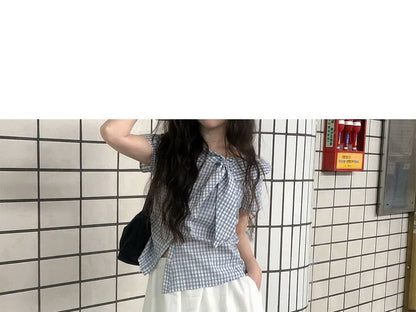 Short Sleeve Collared Plaid Asymmetrical Blouse