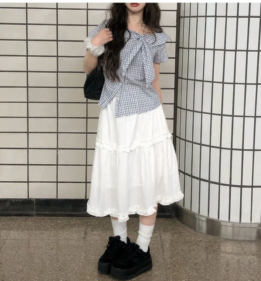 Short Sleeve Collared Plaid Asymmetrical Blouse