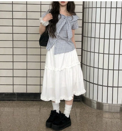 Short Sleeve Collared Plaid Asymmetrical Blouse