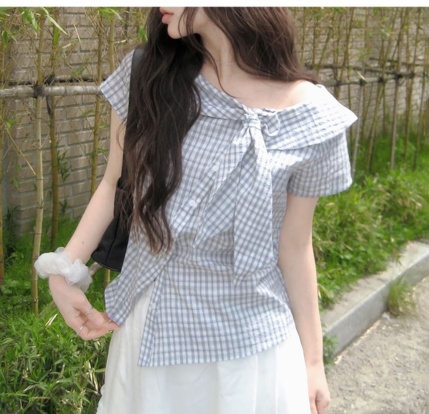 Short Sleeve Collared Plaid Asymmetrical Blouse